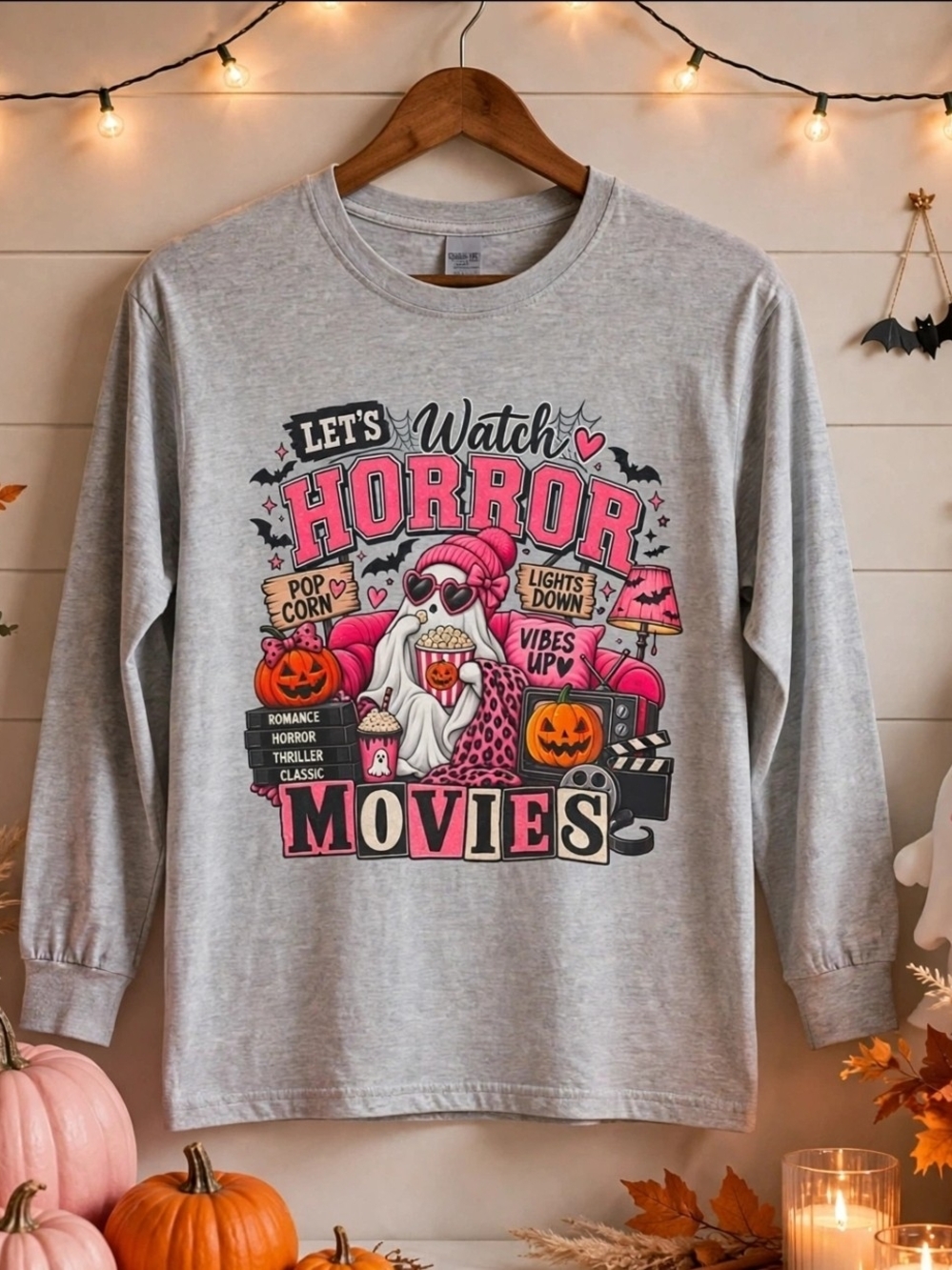 Let's Watch Horror Movies Long Sleeve Shirt - Pink Ghost Popcorn Halloween
